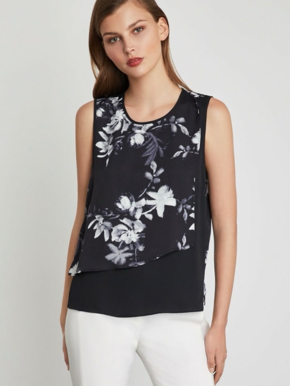 BCBG MaxAzria Crepe Double Layer Floral Print Asymmetric Sleeveless Blouse Black